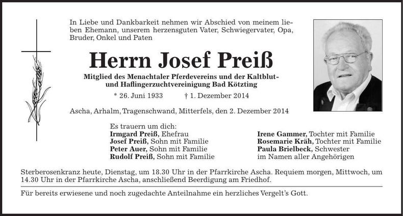 Traueranzeige Josef Preiß
