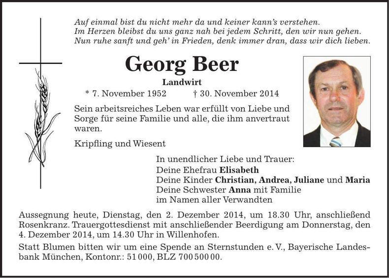 Traueranzeige Georg Beer