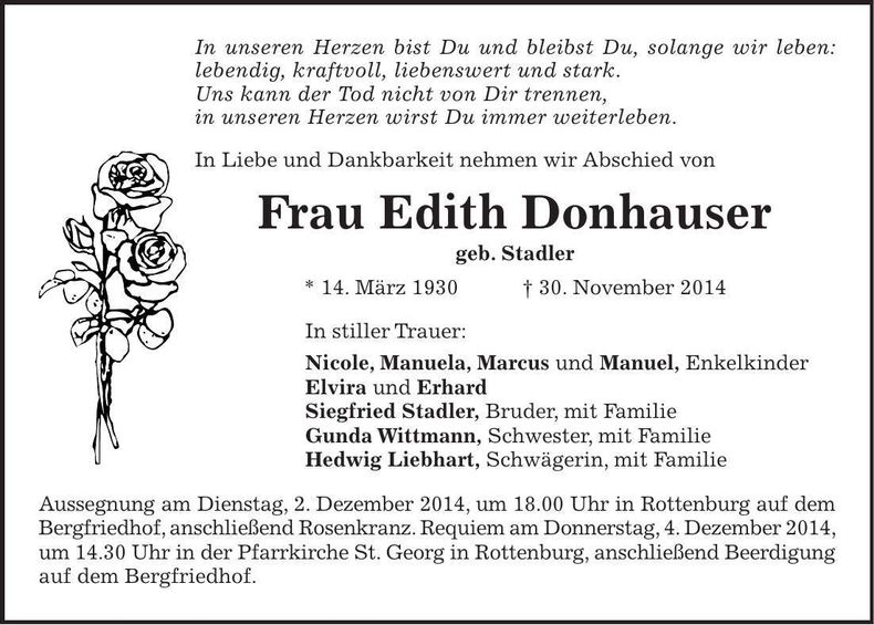 Traueranzeige Edith Donhauser
