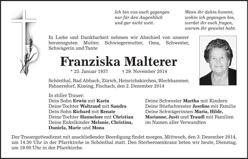 Traueranzeige Franziska Malterer