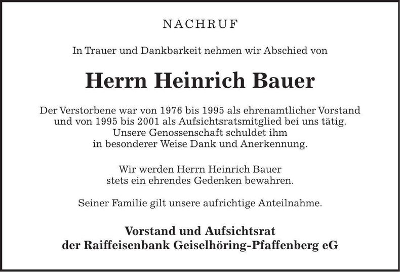 Traueranzeige Heinrich Bauer