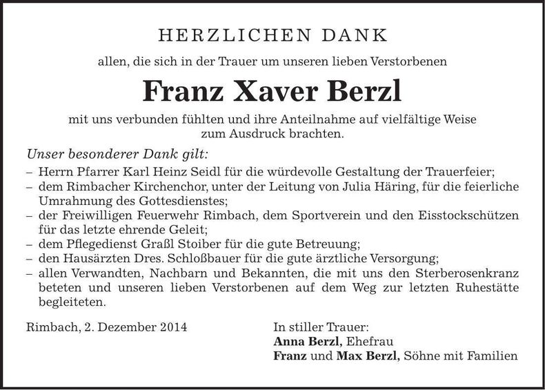 Traueranzeige Franz Xaver Berzl