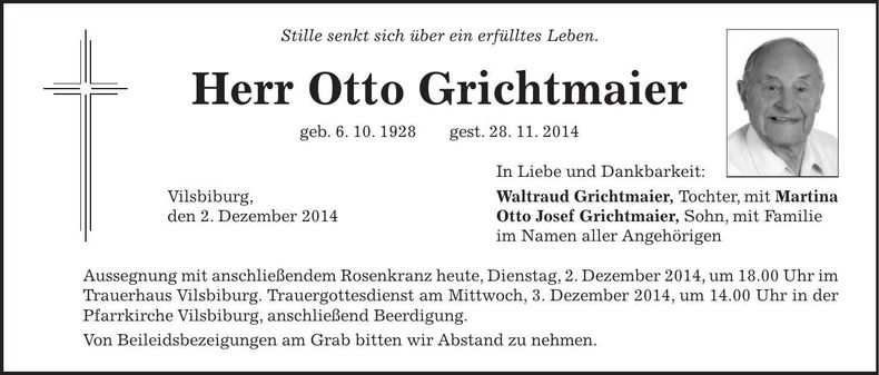 Traueranzeige Otto Grichtmaier