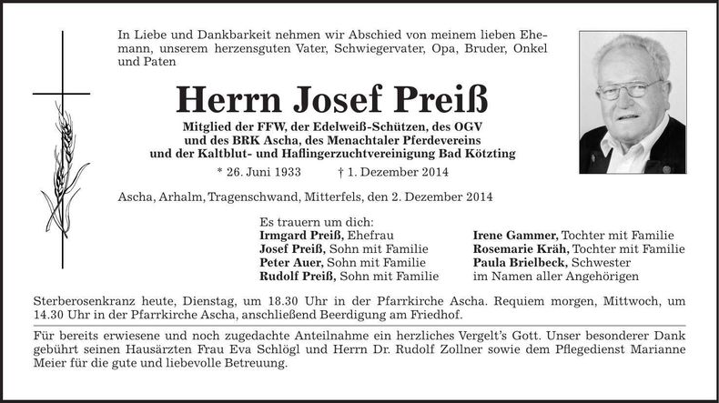 Traueranzeige Josef Preiß