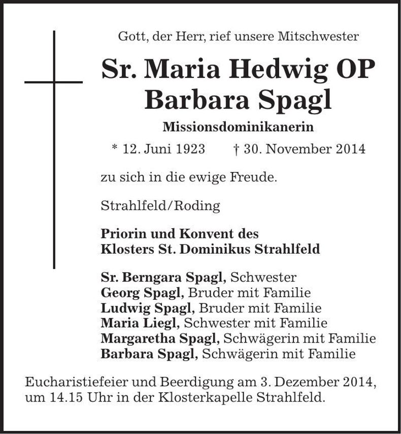 Traueranzeige Barbara Spagl Sr. Maria Hedwig OP