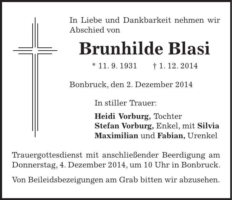 Traueranzeige Brunhilde Blasi