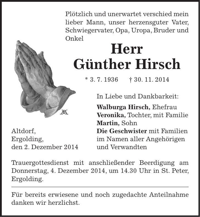 Traueranzeige Günther Hirsch