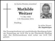 Traueranzeige Mathilde Weitzer