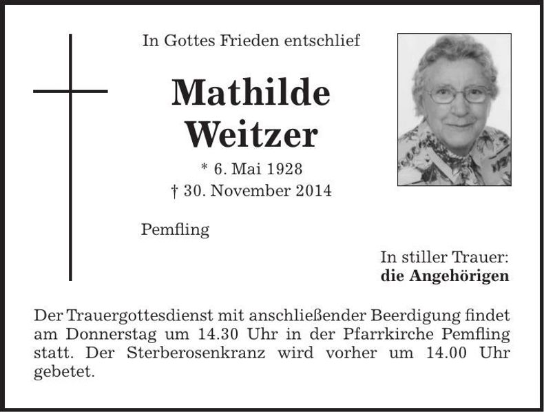 Traueranzeige Mathilde Weitzer