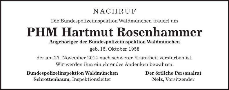 Traueranzeige Hartmut Rosenhammer