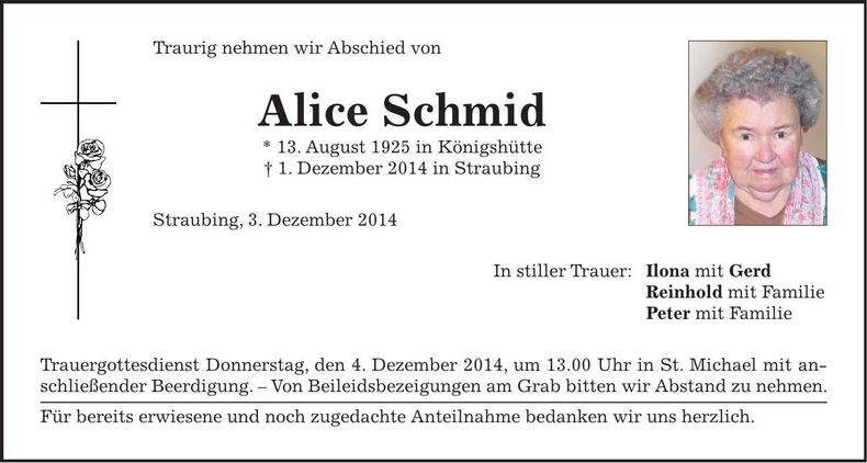 Traueranzeige Alice Schmid