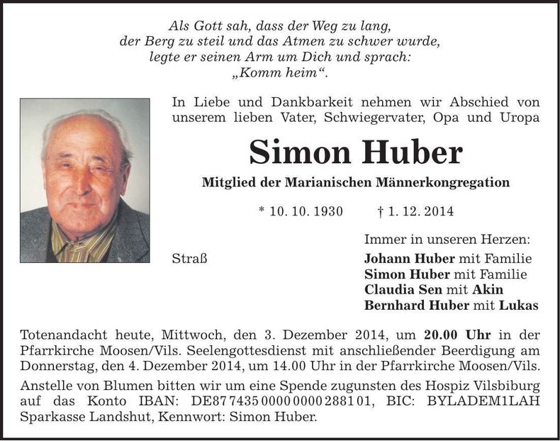 Traueranzeige Simon Huber