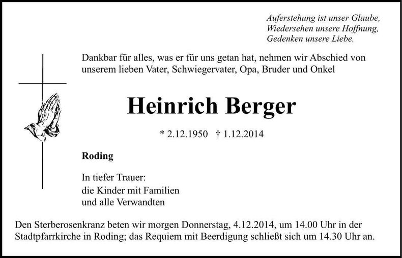 Traueranzeige Heinrich Berger