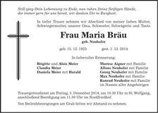 Traueranzeige Maria Bräu