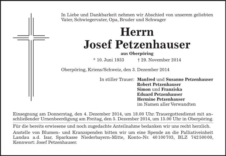 Traueranzeige Josef Petzenhauser