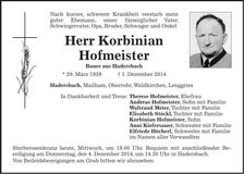 Traueranzeige Korbinian Hofmeister
