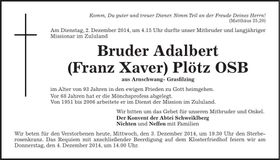 Traueranzeige Adalbert Plötz