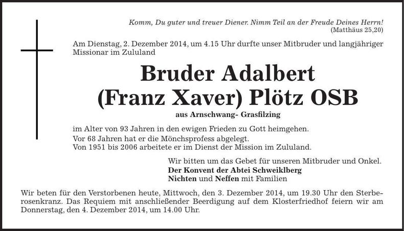 Traueranzeige Adalbert Plötz
