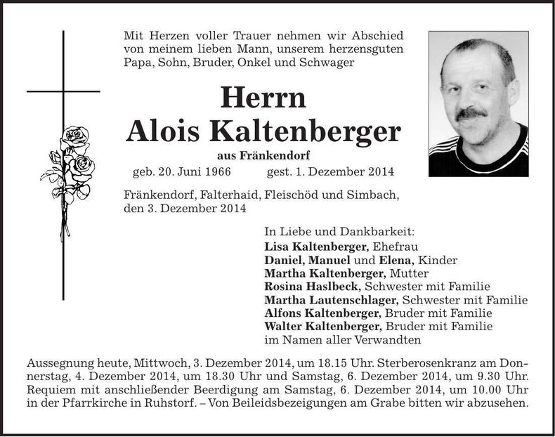 Traueranzeige Alois Kaltenberger