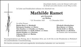 Traueranzeige Mathilde Ramet