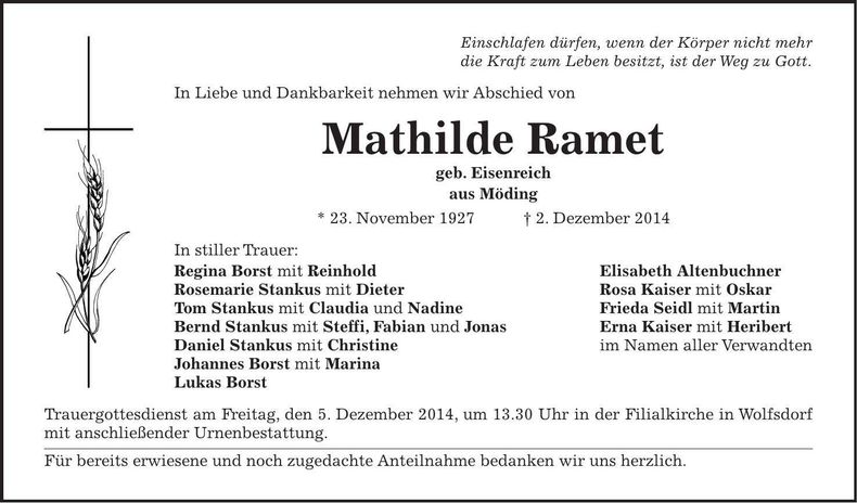 Traueranzeige Mathilde Ramet
