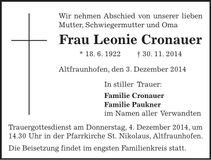 Traueranzeige Leonie Cronauer
