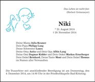 Traueranzeige Kramer Niki