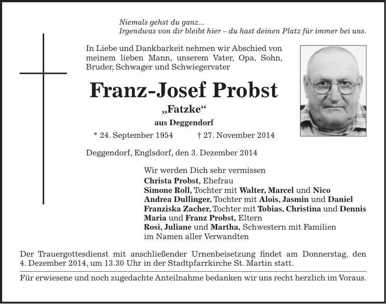 Traueranzeige Franz-Josef Probst