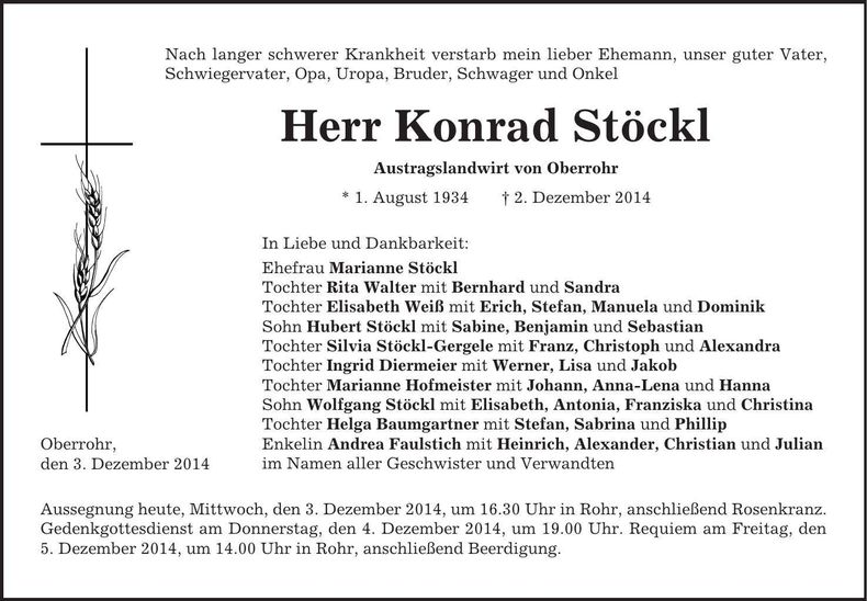 Traueranzeige Konrad Stöckl