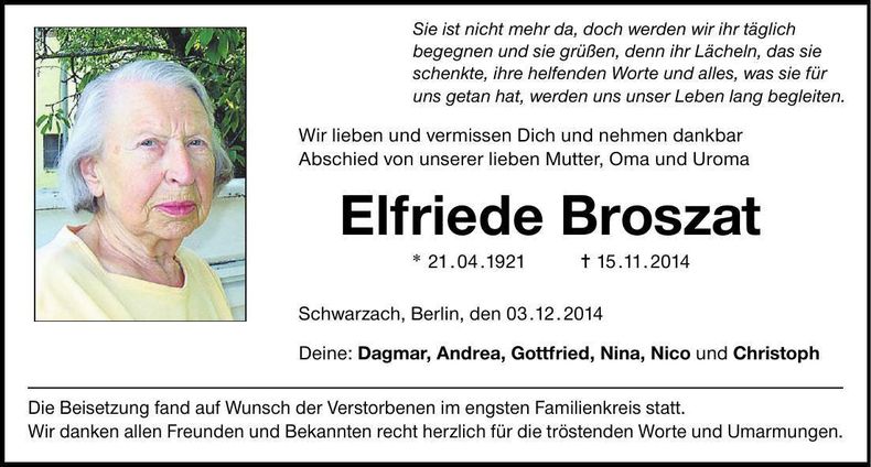 Traueranzeige Elfriede Broszat