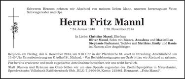 Traueranzeige Fritz Mannl