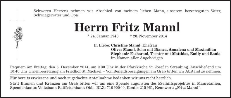 Traueranzeige Fritz Mannl