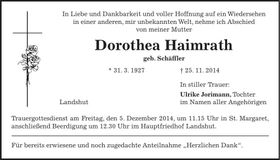 Traueranzeige Dorothea Haimrath