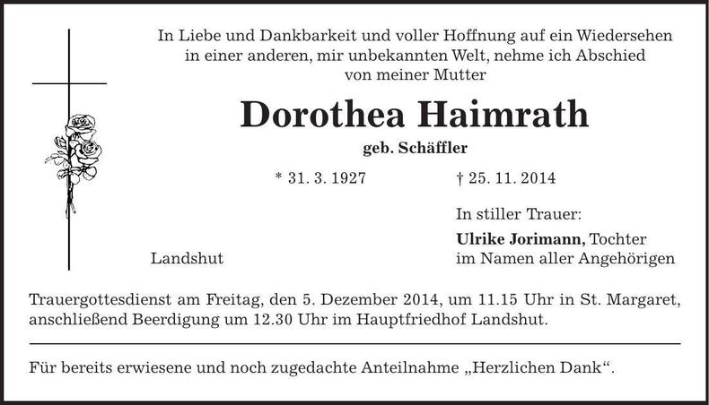 Traueranzeige Dorothea Haimrath
