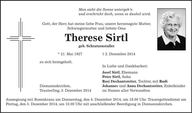 Traueranzeige Therese Sirtl