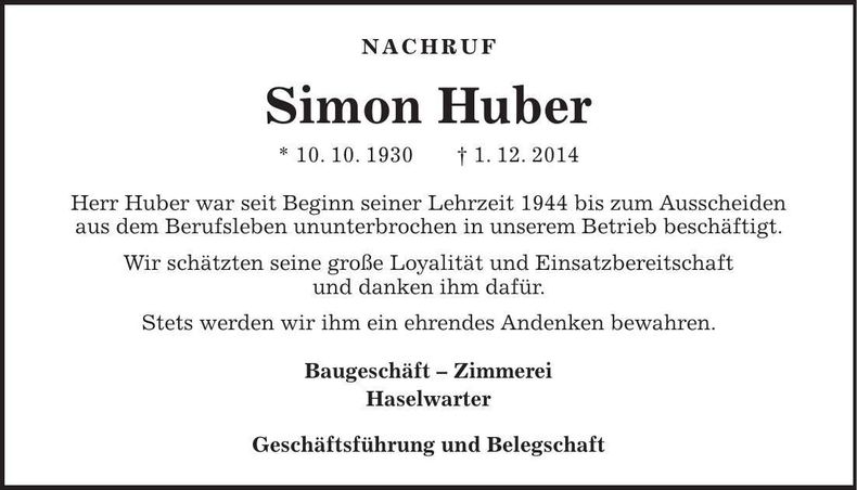 Traueranzeige Simon Huber