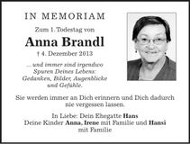 Traueranzeige Anna Brandl