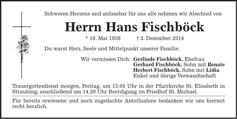 Traueranzeige Hans Fischböck