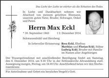 Traueranzeige Max Eckl