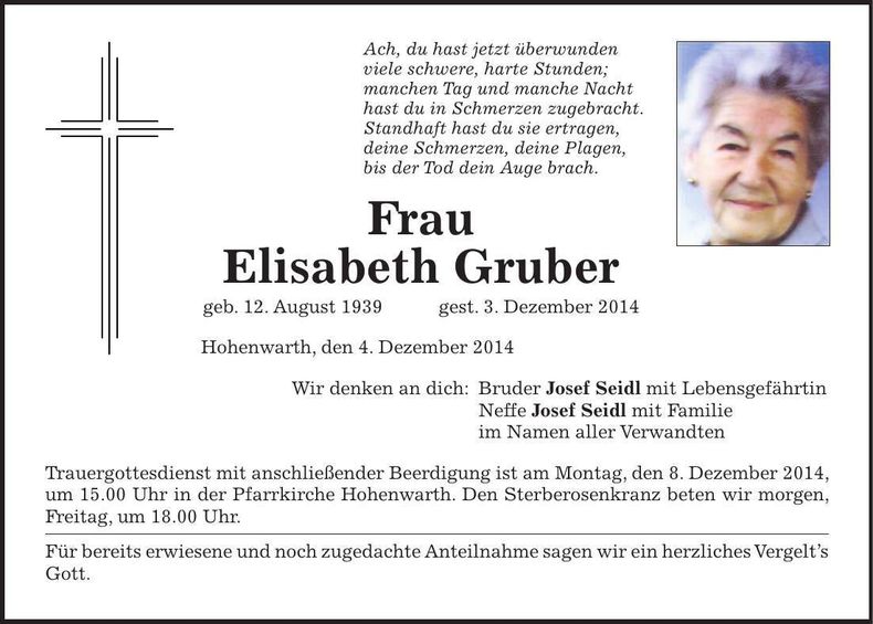 Traueranzeige Elisabeth Gruber