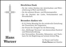 Traueranzeige Hans Wurzer