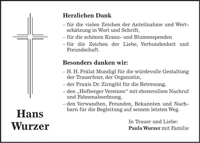Traueranzeige Hans Wurzer