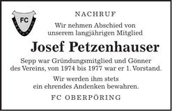 Traueranzeige Josef Petzenhauser