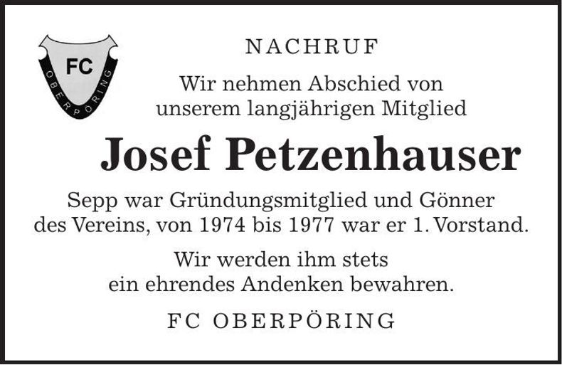 Traueranzeige Josef Petzenhauser