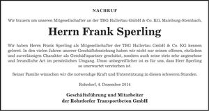 Traueranzeige Frank Sperling