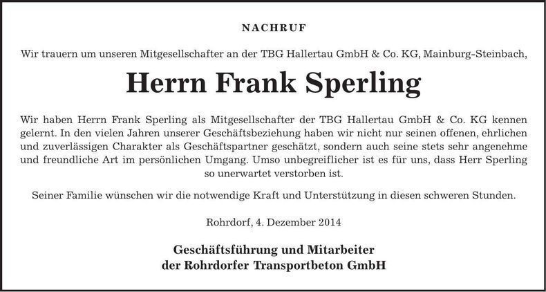 Traueranzeige Frank Sperling