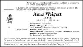 Traueranzeige Anna Weigert