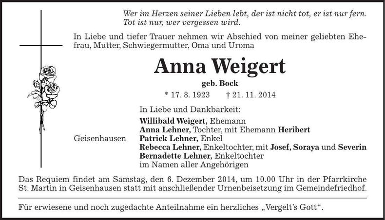 Traueranzeige Anna Weigert