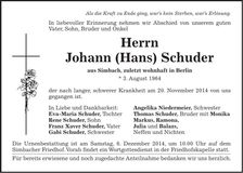 Traueranzeige Johann Schuder