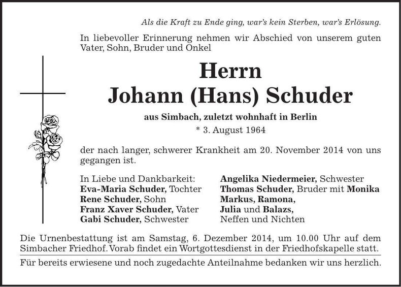 Traueranzeige Johann Schuder